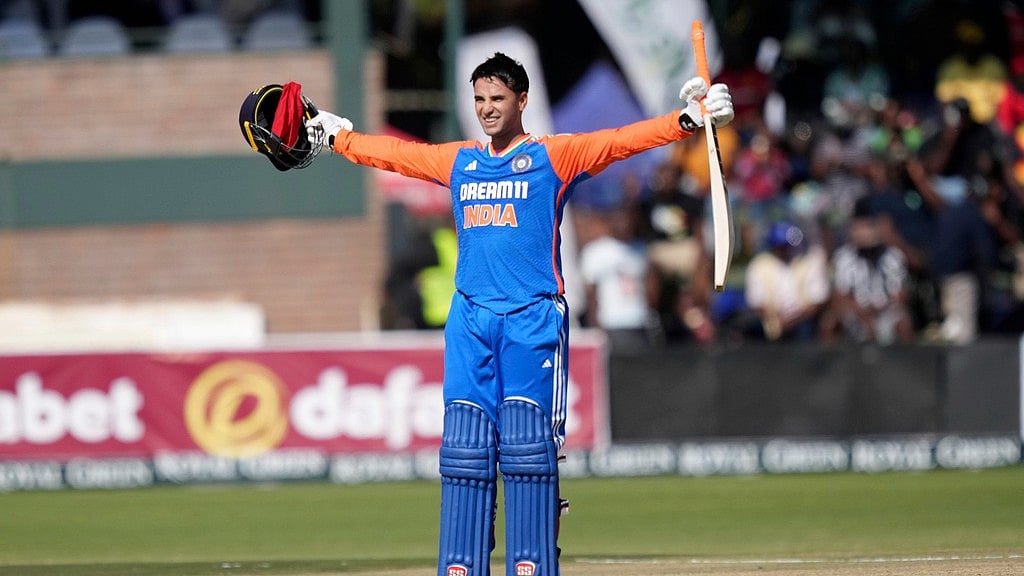 Photo: File : Abhishek Sharma celebrates his century in the India vs Zimbabwe, 2nd T20I in Harare on Sunday (July 7, 2024).